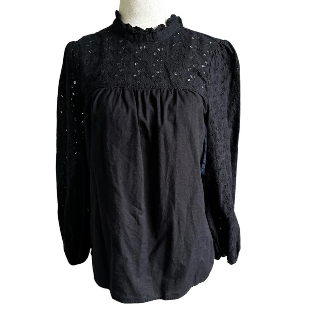 Madewell Black Eyelet Yoke Ruffle Neck Long Sleeve XS Tie Back Cotton Top | 0297
